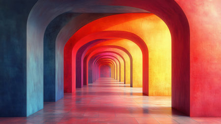 3D rendering of an empty corridor with colorful lights in it.の素材