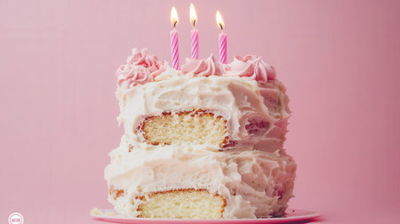Birthday cake with candles on pink background. Toned image.の素材