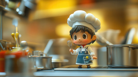 A miniature figure of a boy cooking in the kitchen. This is a 3d render.の素材
