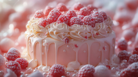 Birthday cake with raspberries and cream on a light backgroundの素材