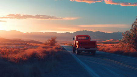 3d rendering of a red truck driving on the road at sunsetの素材