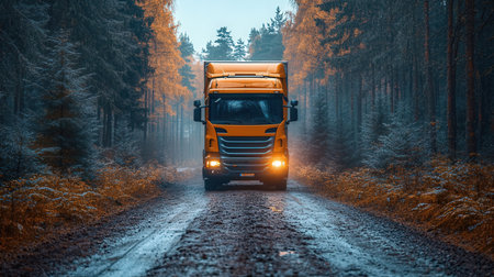truck on the road in the forest at night with fog.の素材