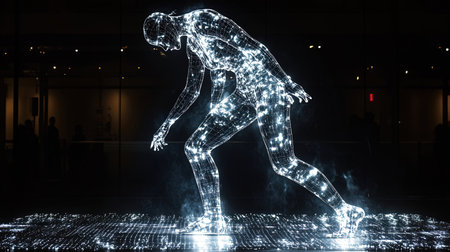 3D rendering of a robot in a futuristic space suit with luminous linesの素材