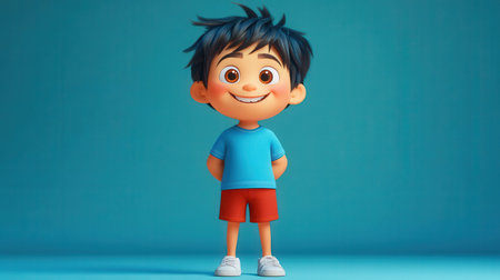 3D Render of a Kid Boy with Happy Expression on Blue Backgroundの素材