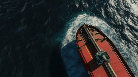 Aerial view of a cargo ship sailing in the open sea.の素材