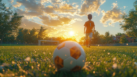 Little boy playing football on the field at sunset. Child with soccer ball.の素材