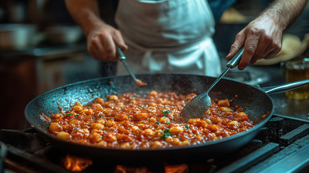 Chef cooking pasta with tomato sauce in a pan on the stoveの素材