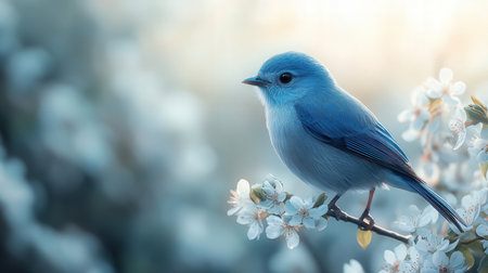 Beautiful blue bird sitting on a branch of blooming cherry treeの素材