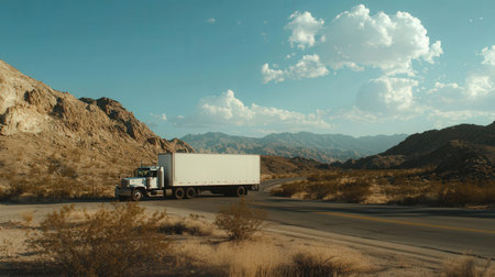 Truck on the road in the desert with mountains in the backgroundの素材