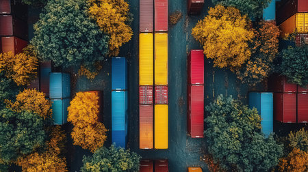 Aerial view of cargo container yard with yellow and green leaves.の素材
