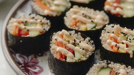 Sushi rolls with cucumber, tomato, cheese and sesameの素材