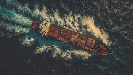 Aerial view of a cargo ship sailing in the ocean. Freight transportation.の素材