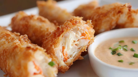 Fried Shrimp Tempura Rolls with sauce on white plate.の素材