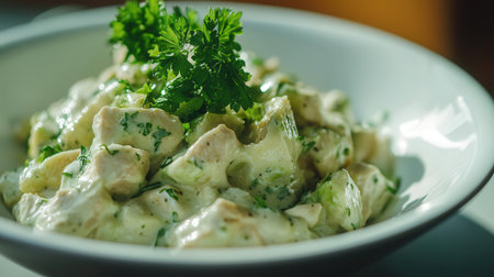 Chicken salad with parsley and mayonnaise in a white plateの素材