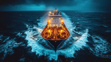 Aerial view of cargo ship sailing in stormy sea. 3D renderingの素材