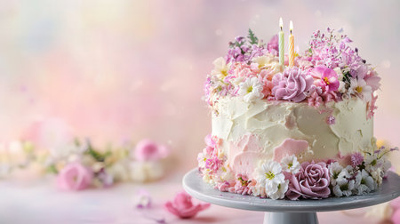 Beautiful birthday cake with flowers on light background, space for textの素材