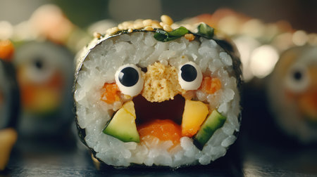 Sushi rolls decorated with funny faces on wooden table, closeupの素材