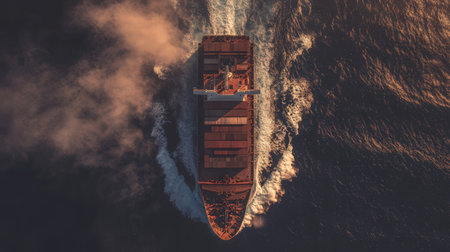 Aerial view of cargo ship sailing in the sea at sunset.の素材