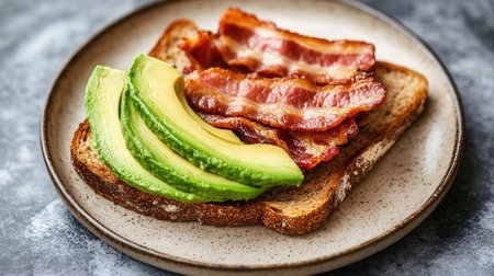 Toast with bacon and avocado on a plate, close-upの素材