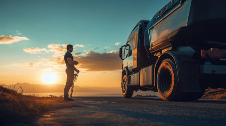 Cyclist on the road with his bicycle in the sunset.の素材