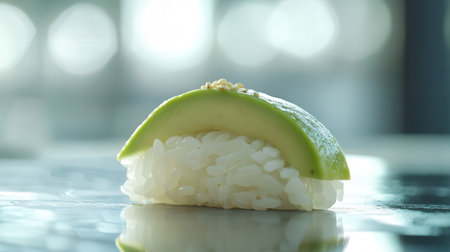 Rice ball with avocado on a white background. Close-up.の素材