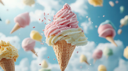 Falling ice cream in waffle cone on blue sky background. 3d renderingの素材