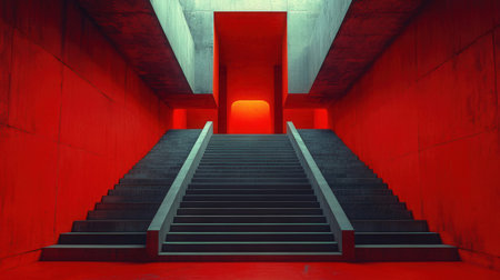 Staircase with red light in the dark, 3d renderの素材