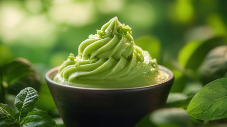 Matcha green tea ice cream with fresh mint leaves on green backgroundの素材