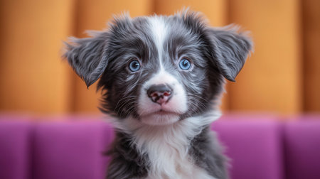 Funny portrait of cute smilling puppy border collie with blue eyes. New lovely member of family little dog at home. Pet care and animals conceptの素材