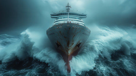 Cruise ship in stormy sea, 3d render illustration.の素材