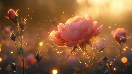 Beautiful pink rose with dew drops on a meadow at sunsetの素材