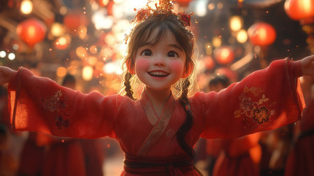 Happy asian little girl in traditional Chinese dress with lanterns.の素材