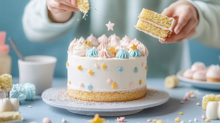 Birthday cake with whipped cream and sprinkles on a blue backgroundの素材