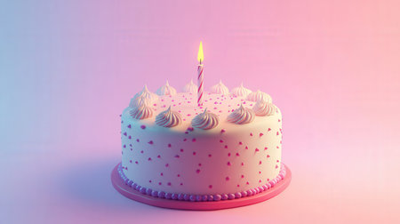 Birthday cake with burning candle on pink background. 3D renderingの素材