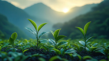 Green tea leaves in the morning sunlight. Tea plantation in Sri Lankaの素材