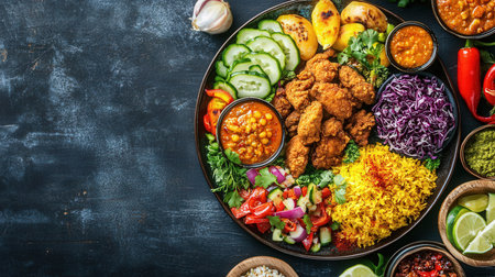 Traditional mexican chicken tikka with rice and vegetables on dark backgroundの素材