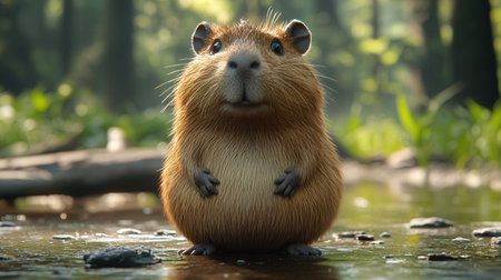 Capybara sitting in the water and looking at the camera.の素材