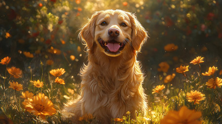 Cute golden retriever dog in blooming meadow at sunsetの素材