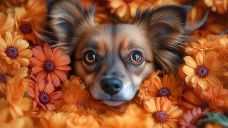 Cute chihuahua dog lying on orange flowers background.の素材