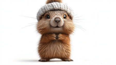 Cute marmot in a winter hat on a white background.の素材