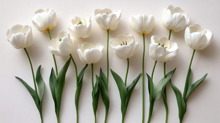 White tulips on a white background. Flat lay, top view.の素材