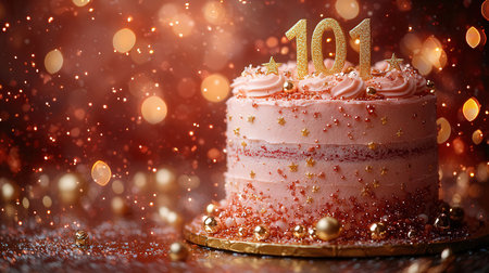 Birthday cake with number 10 on top on bokeh backgroundの素材