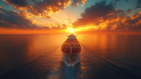 Aerial view of a cargo ship at sunset. 3d renderingの素材