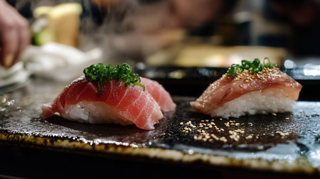 Close-up of tuna sushi on black plate. Japanese cuisine.の素材