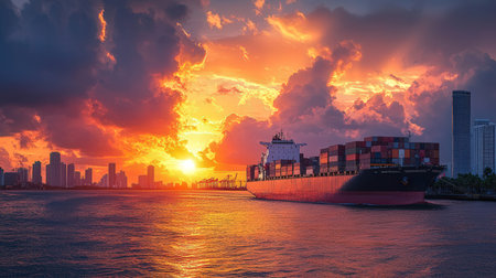 Container Cargo freight ship with working crane bridge at sunset for Logistic Import Export backgroundの素材