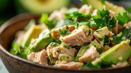 Salmon salad with avocado and parsley in a bowl, closeupの素材