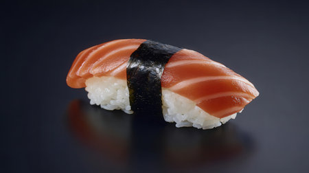 Sushi with salmon on black background. Sushi roll japanese foodの素材