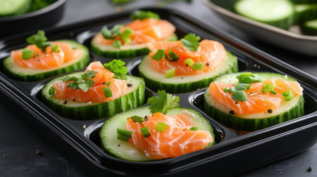 Slices of cucumber with salmon and parsley on black backgroundの素材