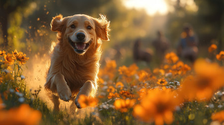 Golden Retriever running in the field of poppies.の素材