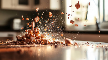 Pieces of broken chocolate flying in the air. 3d renderingの素材